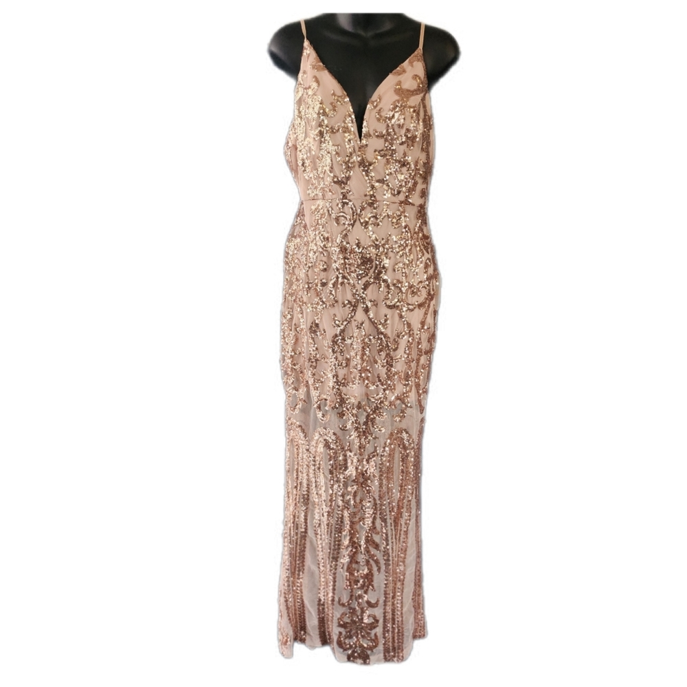 A. PEACH ROSE GOLD MAXI SEQUINS & MESH MAXI DRESS - Picture 2 of 4